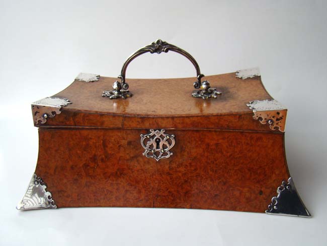 A fabulous silver mounted Art Nouveau style birds' eye maple jewelry casket circa 1890